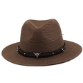 Cappello di paglia marrone scuro con fascia in pelle Western e fibbia in metallo con teschio - M (56-58cm) / caffè