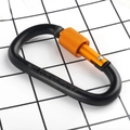 Black D-ring locking carabiner with orange screw gate and warning text on dark background - Black with Orange Nut