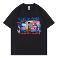 Schwarzes Rundhals-T-Shirt mit Vintage-Amerika-Wohnmobil-Grafik und patriotischem Druck - XS / Schwarz