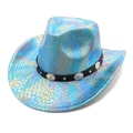 Macro shot of shimmering blue snakeskin texture on cowboy hat with silver studded leather band - M (56-58cm) / Lake Blue