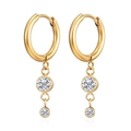 Fashionable gold hoop earrings with double clear round stones in a bezel setting - Bezel Set Double Zircon Pendant / Gold