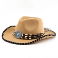 Detail of western cowboy wool hat with turquoise bead band and whipstitch brim finish - M (56-58cm) / Camel with Black Whipstitch