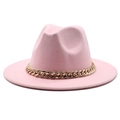 Pink wide brim fedora jazz hat with a thick gold chain decoration on white background - Pink