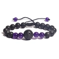 Adjustable lava rock and amethyst beaded woven bracelet set on a white background - 09-Amethyst
