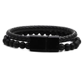 Bracciale da uomo a doppio strato con pelle intrecciata, perle opache e chiusura magnetica - 21cm / Pietra Opaca Pietra Lavica