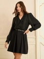 French style V-neck A-line mini dress in black with long sleeves and gold stud details - S / Black