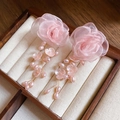 Boucles d'oreilles pendantes fleurs roses en organza avec pampilles de perles - Style Gland Rose en Tulle (21#)
