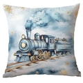 Square Christmas pillow case with blue vintage steam train watercolor illustration - Retro Steam Train
