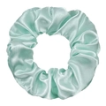 Detailed texture of light mint green satin scrunchie showing glossy fabric folds - Emerald Green