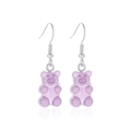 Harajuku style purple resin gummy bear earrings with silver metal hooks on white background - Purple