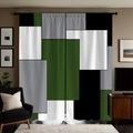 Detail of geometric polyester blackout curtain with modern black and green color block design - Forest Green Patchwork