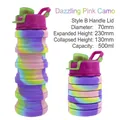 Collapsible silicone water bottle with colorful pink, purple, and yellow camo pattern - Handle Cap/Pink Camouflage