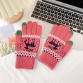 Rosa Strickhandschuhe mit blauem Elchmuster und grünen Touchscreen-Fingerspitzen - Einheitsgröße / Rosenrot