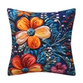 3D floral cushion cover with vibrant orange and red flowers on a deep blue background - 18x18 Inch