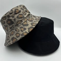 Detail view of leopard print and classic black cotton bucket hats with stitched brims - Gold-Brown Leopard 2-Piece Set (16)
