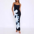 Elegantes ärmelloses schwarzes langes Kleid mit weißem Blumendruck für den Sommer - S / Schwarz