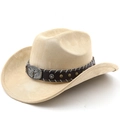 Beige faux suede western cowboy hat with brown leather band and silver bull head buckle - M (56-58cm) / Camel
