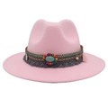 Pink felt fedora hat featuring bohemian ethnic band with turquoise stone and tassels - Pink