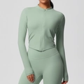 Slim fit Morandi light green yoga set with cropped zipper jacket and high waist leggings - Basil Green