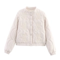 Detailed view of ivory quilted jacket showing ethnic floral texture and elastic hem detail - S / Off White