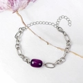 Bracelet chaîne en acier argenté avec pierre ovale en agate violette et fermoir mousqueton - Violet