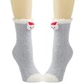 Detail von grauen Plüschsocken mit 3D-Schneemann-Motiv und weißem Fleeceaufsatz - Kleiner Schneemann / Grau