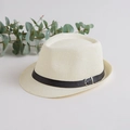 Cappello fedora classico in paglia crema con fascia nera e fibbia in metallo argento - Stile Bambini (52-54cm) / Crema