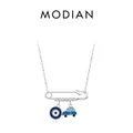 S925 Sterling silver safety pin necklace with blue devil eye and car charms - Safety Pin With Evil Eye Car Charm Style (RHN1983)