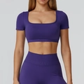 Naadloze donkerpaarse yogaset met top met korte mouwen en een sportlegging met hoge taille - L / Marineblauw