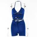 Detail of navy blue halter cutout top and drawstring high-waisted shorts set - L / Blue