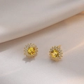 Elegant gold sunflower earrings with yellow zircon centers and white crystal accents - Sunflower Style (E0249)