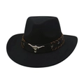 Classic black felt cowboy hat with silver bull head emblem and braided leather band - One Size / Black