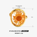Golden stainless steel ring featuring orange dried flower insert and size dimensions - Sunflower Oval Style (Style 4)
