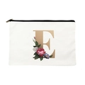White canvas makeup bag with gold letter E and pink floral design for travel - Letter E