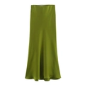 Elegant grass green satin midi skirt with silk texture and a smooth A-line silhouette - Light Green