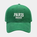 Detailed embroidery of PARIS FRENCH text on dark green cotton baseball cap crown - Green