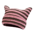 Detailed view of a pink and brown striped hand-knitted beanie with cute cat ears design - Dusty Pink and Khaki Striped