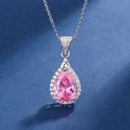 Exquisite silver necklace featuring a pear-shaped pink gemstone with a halo of white diamonds - Xl-23 [with Chain]