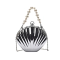 Elegant silver shell clutch bag with pearl handle and metallic chain strap - Silver