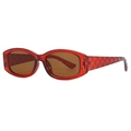 Ovale Sonnenbrille mit transparentem rotem Rahmen, braunen Gläsern und Rautenmuster - Dunkler Tee