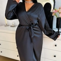 Elegant black satin wrap sleepwear robe for women with V-neck and waist tie belt - 1XL / Black