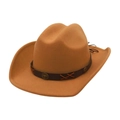 Detail of camel wool felt fedora featuring leather band and metal bull head emblem - Camel (Bull Head)