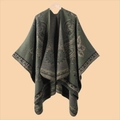 Detailed paisley pattern on dark green cashmere-like shawl poncho wrap with knit texture - 135x155cm / Paisley Vine Green