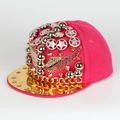 Detail of pink hip hop hat with gold wings, metallic stars, and mirror-finish visor - Adjustable / Watermelon red