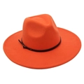 Detail of a bright orange fedora hat featuring a slim black belt with a metal buckle - Orange (Belt Style)