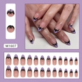 Pale pink almond press-on nails with purple French tips and black bat Halloween designs - W1607 Purple French