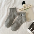 Gray cotton ankle socks featuring cute panda embroidery on ribbed cuffs for women - Front Panda-Grey
