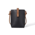 Minimalist black pebble leather mobile crossbody bag with brown flap and T-stitch - Black