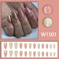 Franse gouden glitter kunstnagels in amandelvorm met roze basis en metaalfolie - Gouden Franse Glitterstijl (W1501)