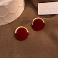 Vintage style red velvet round stud earrings with elegant gold metallic semi-frame design - 9# Round Gold Half-Frame Red (925 Silver Pin)